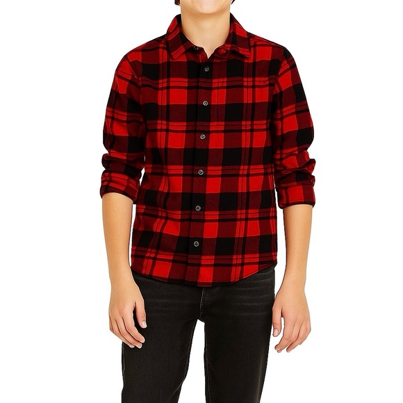 Cat & Jack Boys Large 10/12 Red Black Plaid button down flannel shirt - Picture 1 of 6